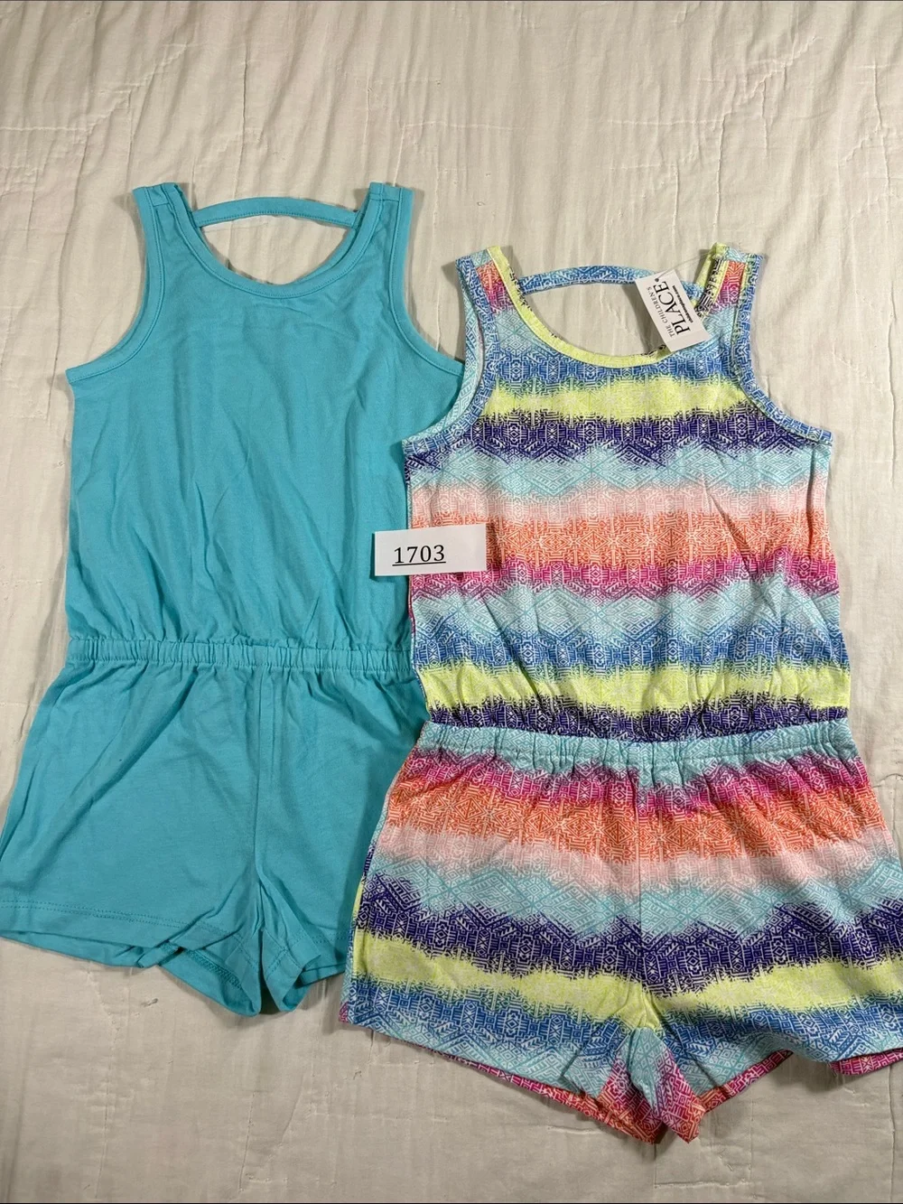 The Childrens Place Girls Romper 2 Pack Blue Multi Color Geometric Size 5/6 S